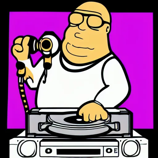 Image similar to svg sticker of a Family-Guy Peter-Griffin at a rave, spinning records, giant headphones rocking out, wearing headphones, huge speakers, dancing, rave, DJ, spinning records, digital art, amazing composition, rule-of-thirds, award-winning, trending on artstation, featured on deviantart