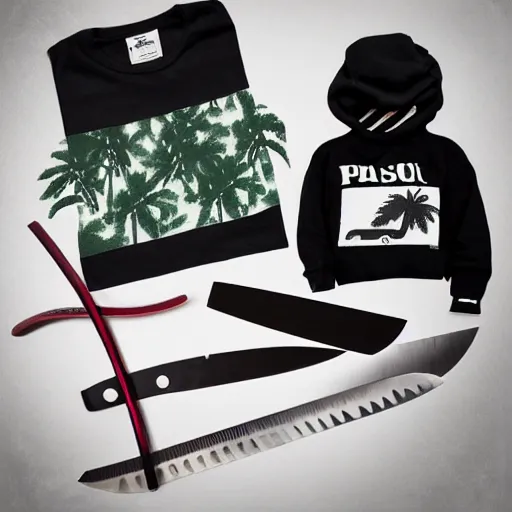 Image similar to knife, ski mask, burning palm trees, white ford bronco