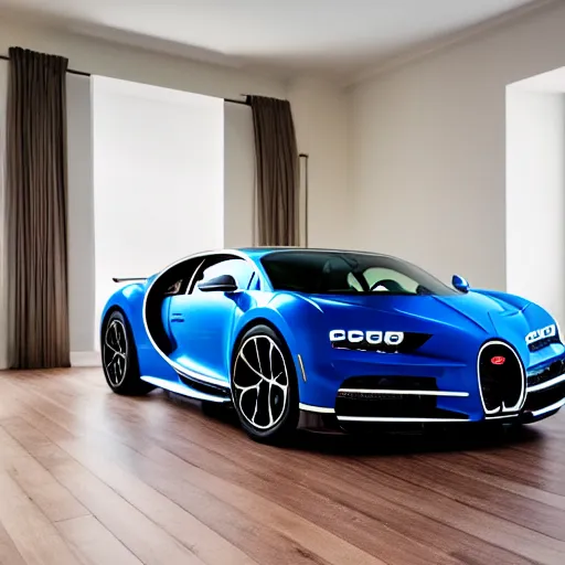 Prompt: High-quality photography of a Bugatti Chiron in an livingroom on dining table, shot on iPhone