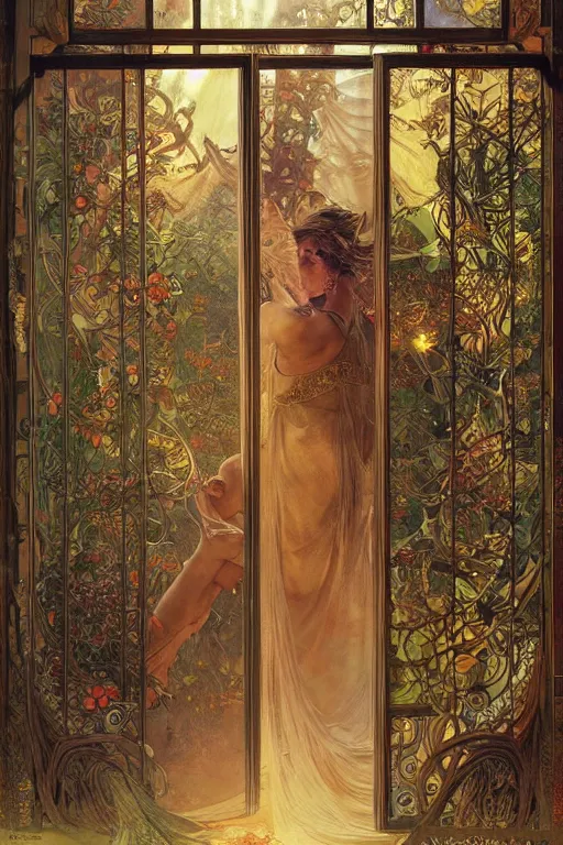 Image similar to large rustic intricately decorated wooden double door, metal handles, a view to a fantasy world, ethereal back light, mist, coherent composition, fantasy painting by noriyoshi ohrai, yuumei, alphonse mucha