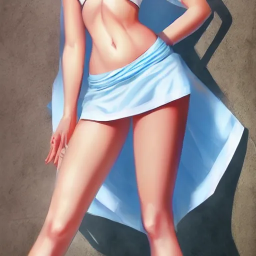 Prompt: full body shot : a very beautiful young blond rapper anime girl, sky blue eyes, bikini, white miniskirt, highly detailed, cinematic wallpaper by stanley artgerm lau