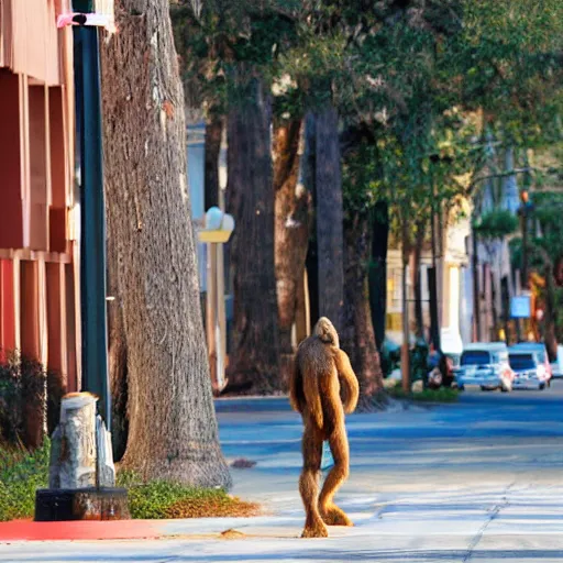 Image similar to bigfoot walking down the street in downtown Pensacola Florida