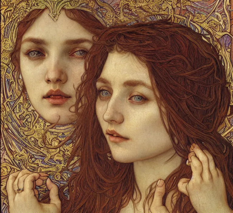 Image similar to detailed realistic beautiful young medieval queen face portrait by jean delville, alphonse mucha, vincent van gogh, and marco mazzoni, art nouveau, symbolist, visionary, gothic, pre - raphaelite