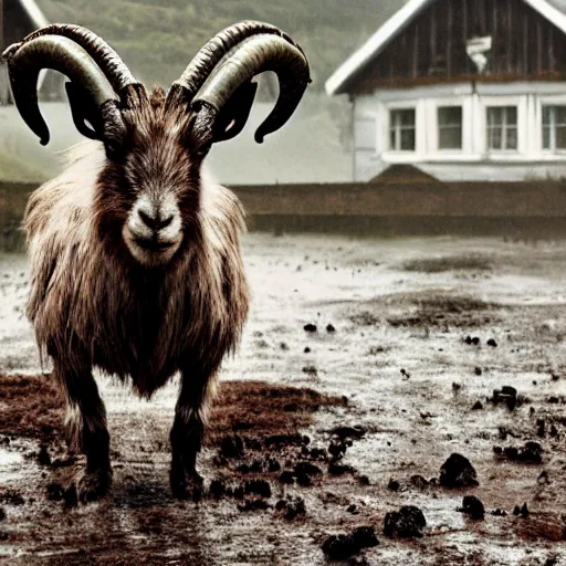 Prompt: horror, cinematic, still from film, daytime, muddy village square, wide shot, mutant goat monster with a mouth crammed full of sharp teeth, filthy matted fur and mountain goat horns, village square