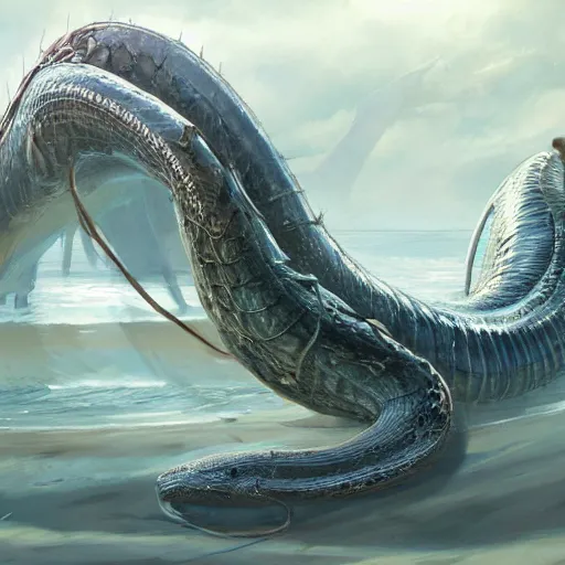 Image similar to a dying beached sea serpent washing up on the shore of a beach concept art by jaime jones, cgsociety, fantasy art, concept art, artstation hd, deviantart hd. masterpiece