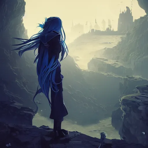 Image similar to low - angle shot from behind of a long blue - haired girl in a tailcoat overlooking demacia, noir, screenshot, sharp focus, intricate, illustration, cell shaded, digital painting, highly detailed, straight hair, art by ilya kuvshinov, wlop, greg rutkowski, studio quality, james jean