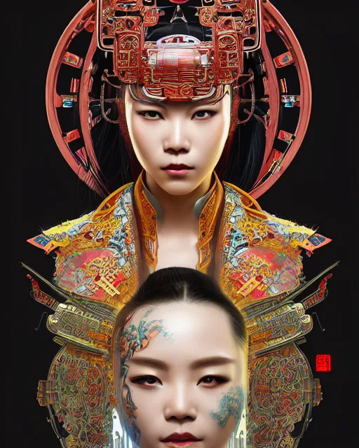 Image similar to portrait of a cyberpunk machine, machine face, upper half portrait, decorated with chinese opera motifs, asian, fine china, wuxia, traditional chinese art, intricate, elegant, highly detailed, symmetry, headpiece, digital painting, artstation concept art smooth sharp focus, illustration, art by artgerm and greg rutkowski alphonse mucha 8 k