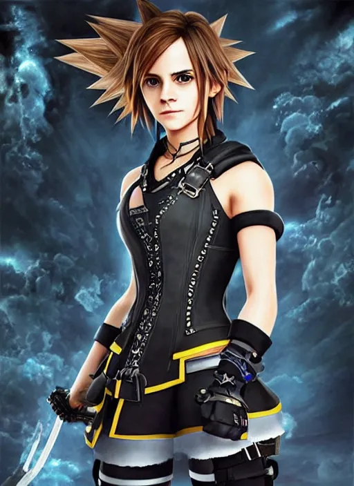 Image similar to Emma Watson as a kingdom hearts character, square enix painted official artwork, intricate, highly detailed, epic, awesome, dramatic lighting, patterns