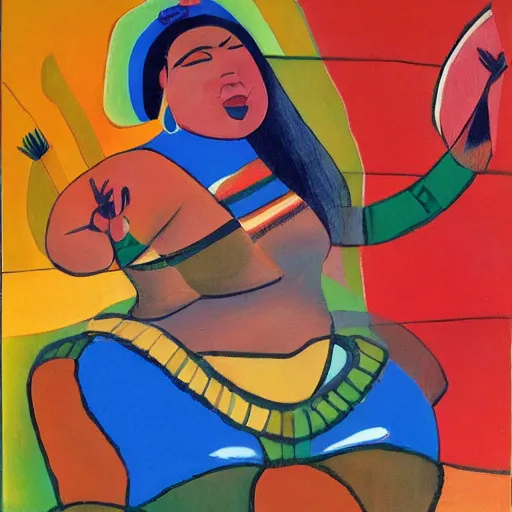 Image similar to fat mayan woman dancing, brilliant sunset, cubism, muted colors, texture