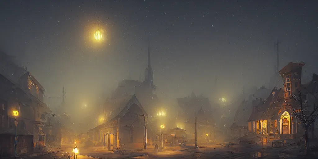 Image similar to illustration of close - up street view of pipe organ town, night, ground fog, by peter mohrbacher, by alex andreev, by jacek yerka, large depth of field, super detailed, digital art, trending on artstation, minimalism