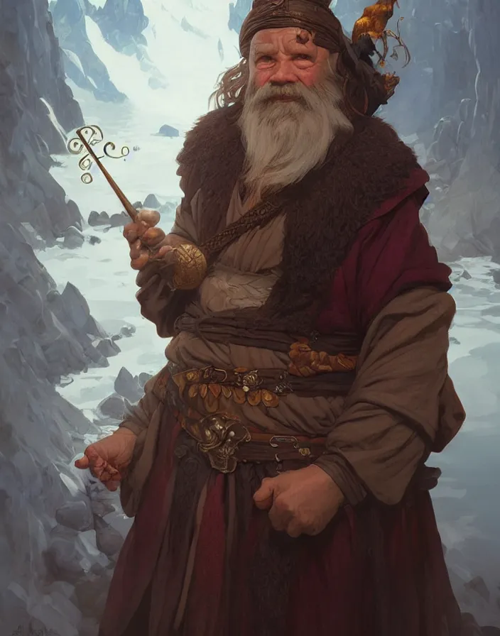 Image similar to elder mountain dwarf merchant, portrait, D&D, fantasy, highly detailed, digital painting, artstation, concept art, sharp focus, smooth, illustration, art by artgerm and greg rutkowski and alphonse mucha