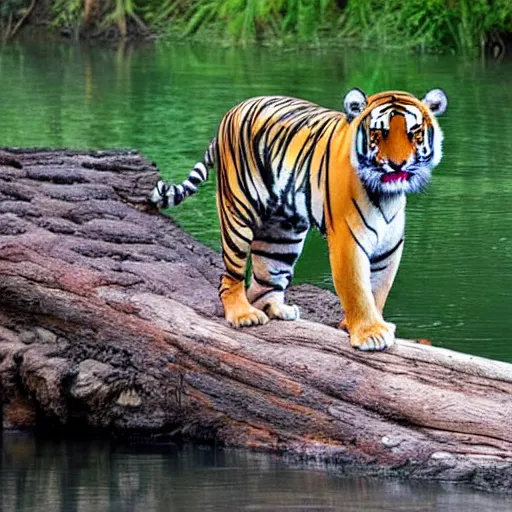 Image similar to a mighty Chinese tiger standing on a log ready to hunt prey in the water