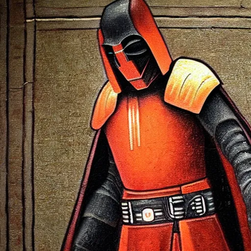 Image similar to darth revan depicted in an anciet wall painting, 8k render, realistic,