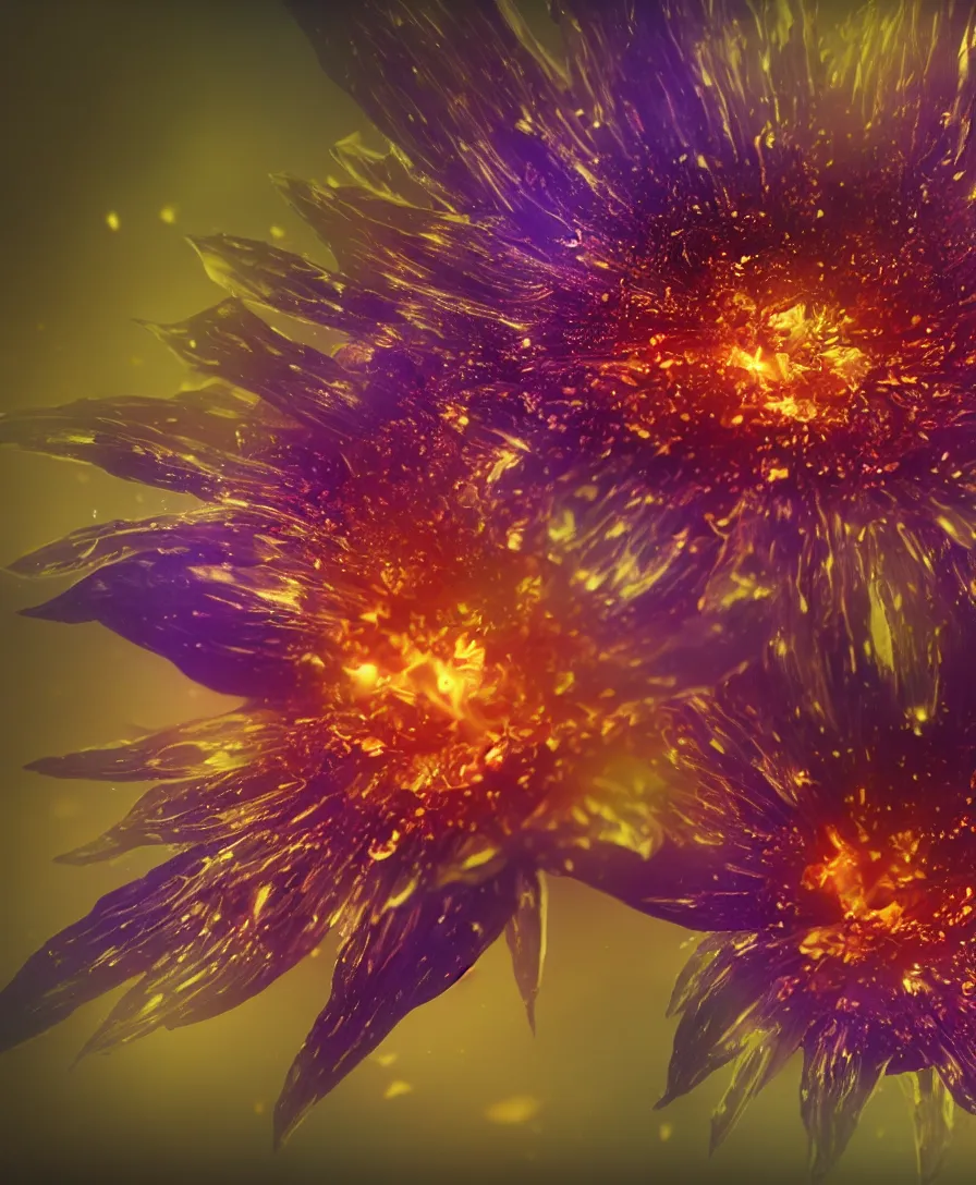 Prompt: macro lens, close up, hyper realistic flower with fire texture on the petals, beaultiful background, bokeh, illustrated by greg rutkowski, beautiful volumetric lighting, intricate, ultra detailed, photorealistic, trending on artstation, octane render, 8 k