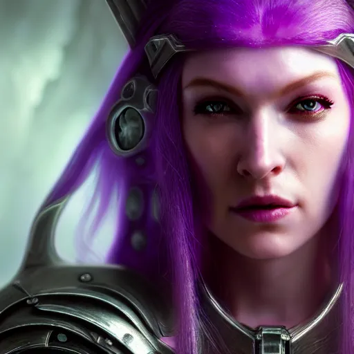 Prompt: an ultra realistic, cinematic, close up portrait, of a pale woman in sci - fi bionic crystal armor with purple ponytail, stoic, sylvanas windrunner, soft light, dreamy, facial features, detailed, deep focus, movie still, dramatic lighting, ray tracing, by michal karcz and yoshitaka