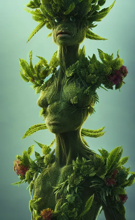 Image similar to a plant creature, foliage, plant filaments, flowers, humanoid shape, full body, photorealistic, 4 k, octane render, cinematic lighting, artistic photography, insanely detailed and intricate