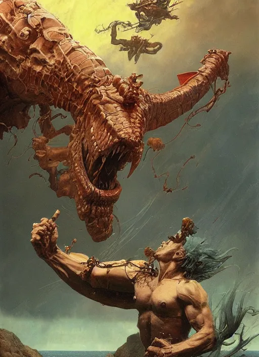 Image similar to typhon attacks, dynamic action, by lawrence alma-tadema and zdzislaw beksinski and norman rockwell and jack kirby and tom lovell and greg staples, artstation creature art