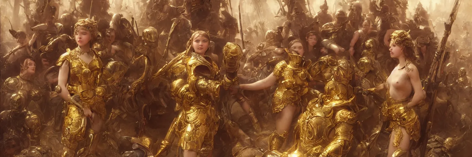 Image similar to a single young girl wearing a gold armor standing in a battlefirld, surrounded by dead bodies, extremely realistic and highly detailed painting by gaston bussiere and j. c. leyendecker 8 k, sharp focus, octane render, dramatic volumetric lighting and extremely realistic faces