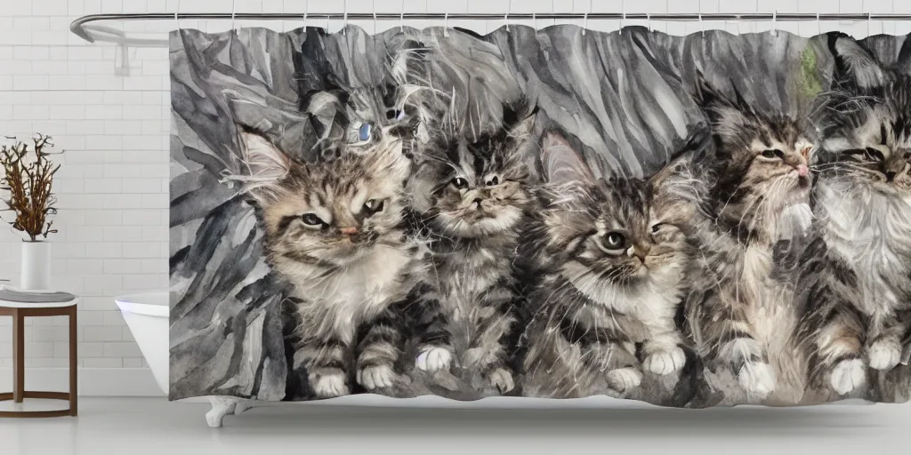 Image similar to shower curtain product catalog. on the curtain is a watercolor with ink under drawing of a cat toy being chased by a maine coon kitten. wide - angle product photography, product lighting. 4 k, highly detailed. saturated.