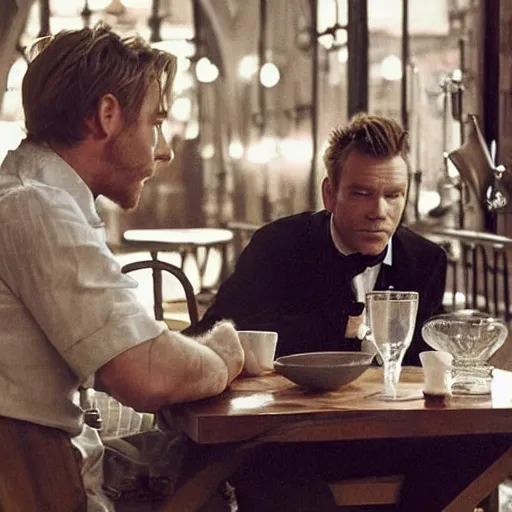 Prompt: ewan mcgregor is sitting at table in a cafe at paris in early 2 0 th century. next to him is a brown cat licking milk from little saucer, atmospheric feeling, warm colours, brown colours, yellow colours, epic scene, cinematic, very detailed