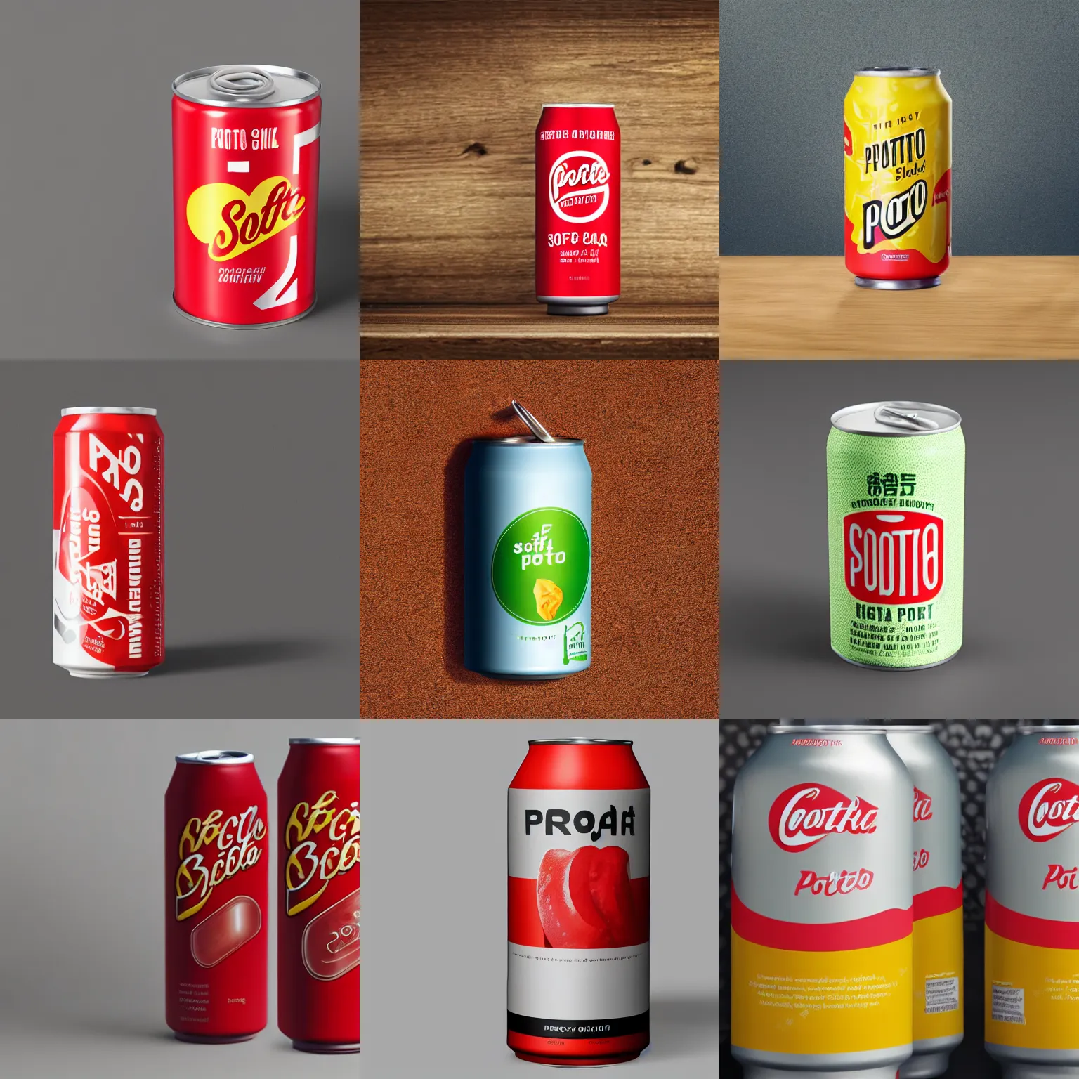 Prompt: product shot of a potato based softdrink can. packshot. high quality