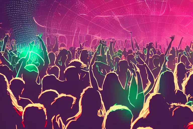 Image similar to crowd partying with their hands up at a festival, silhouette, laser show, digital art, trending on artstation, 4k, unreal engine, intricate, ornate