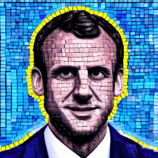 Image similar to portrait mosaic of Emmanuel macron with robot eyes, 4k, intricate details, digital, sun in the background