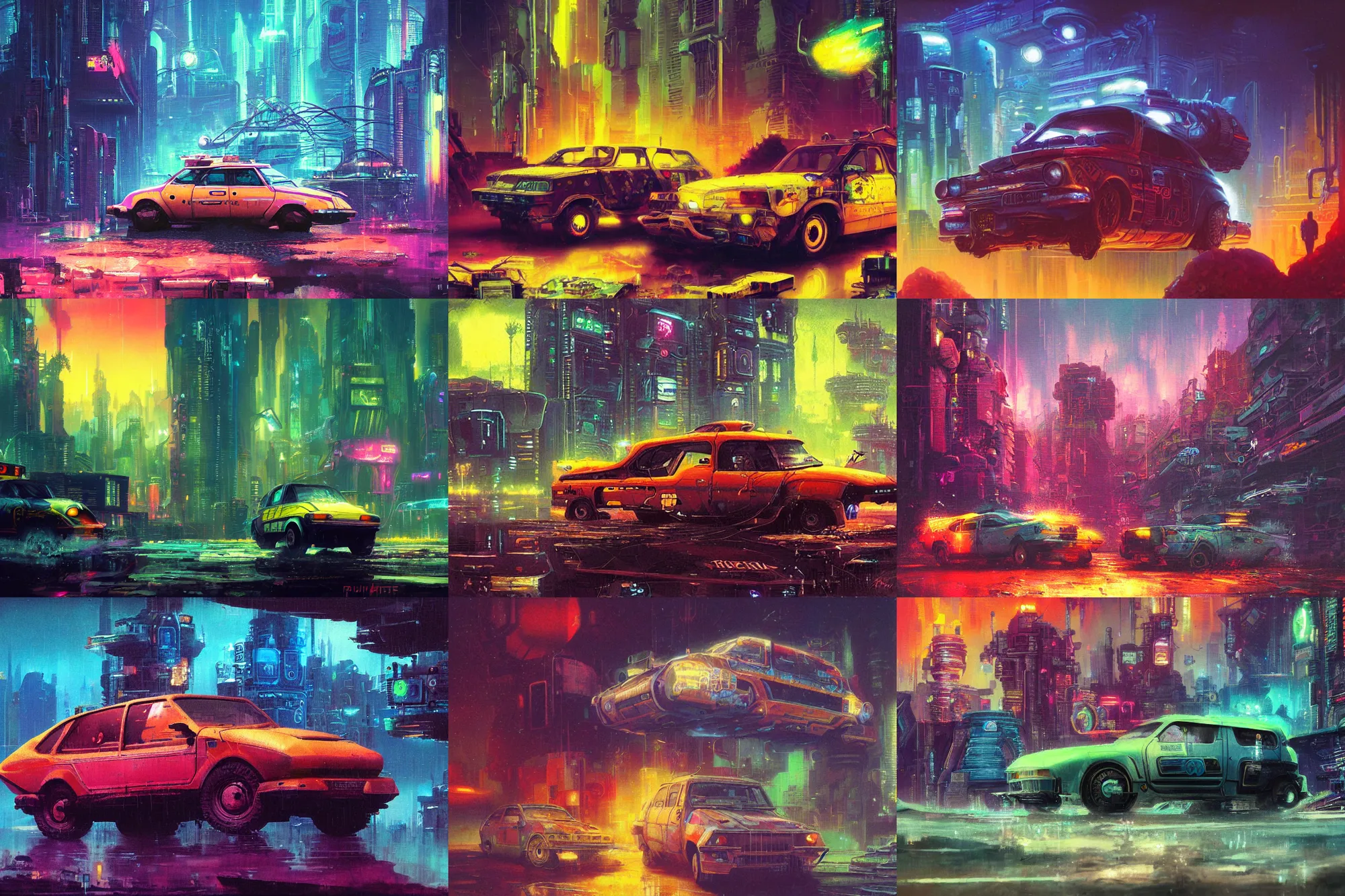 Prompt: a photo of a cyberpunk robin reliant by paul lehr