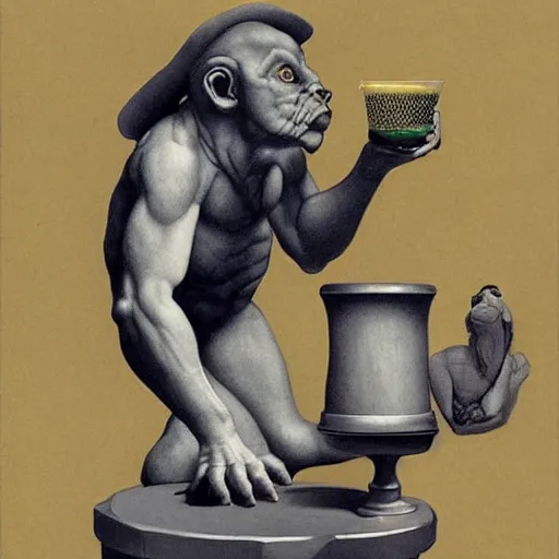 Prompt: a gargoyle offers you a drink by Raphael, Hopper, and Rene Magritte. detailed, romantic, enchanting, trending on artstation.