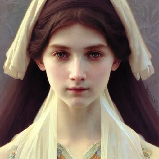 Image similar to Portrait of beautiful pale peasant girl, cinematic lighting, intricate, elegant, highly detailed, digital painting, artstation, smooth, sharp focus, illustration, art by artgerm and greg rutkowski and alphonse mucha and Wayne Barlowe and william-adolphe bouguereau