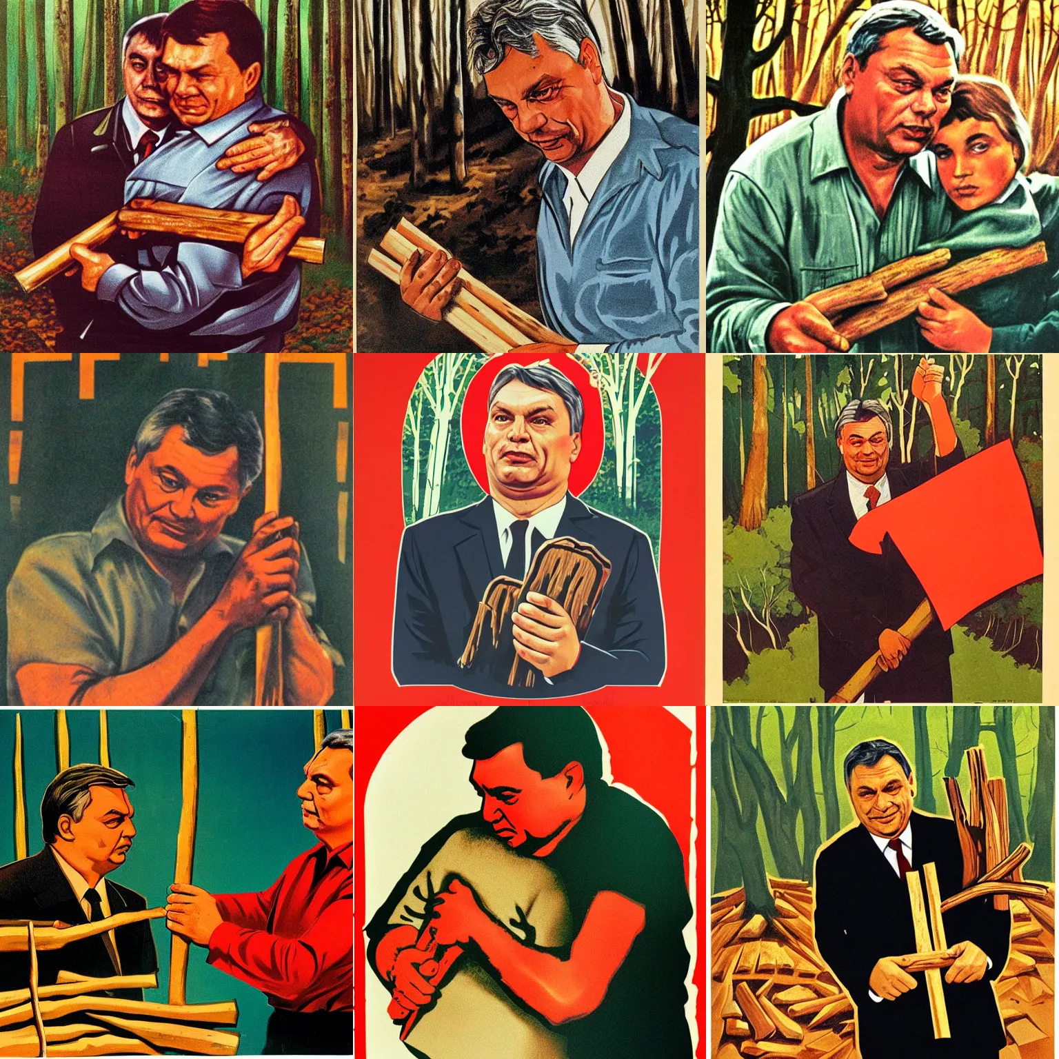 Prompt: soviet poster of comforting viktor orban, holding a wood piece, forest in background