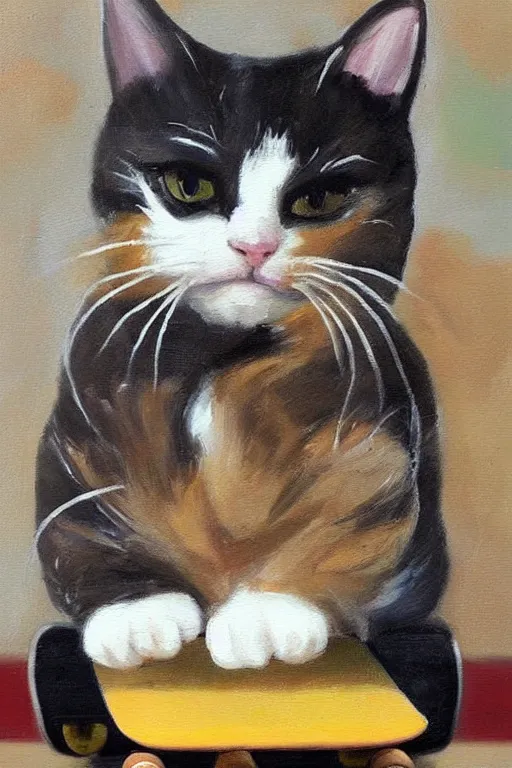 Prompt: oil painting of cute cat on a skateboard