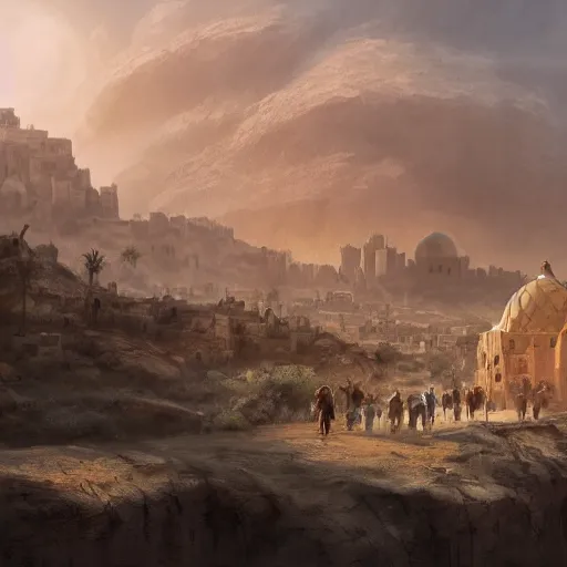 Image similar to a group of adventurers approaching an middle - eastern village with domed buildings on the side of a hill overlooking a desert with tall mountains in the background, fantasy, matte painting, highly detailed, artstation