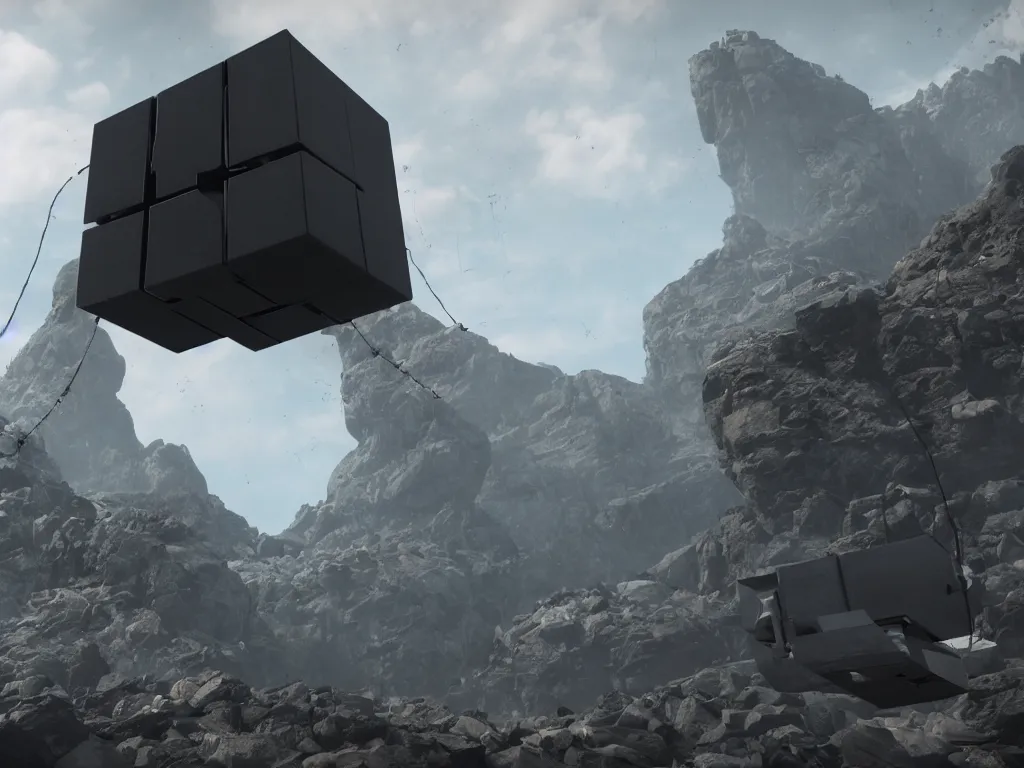 Image similar to Death Stranding black cube in air, rendered in Unreal