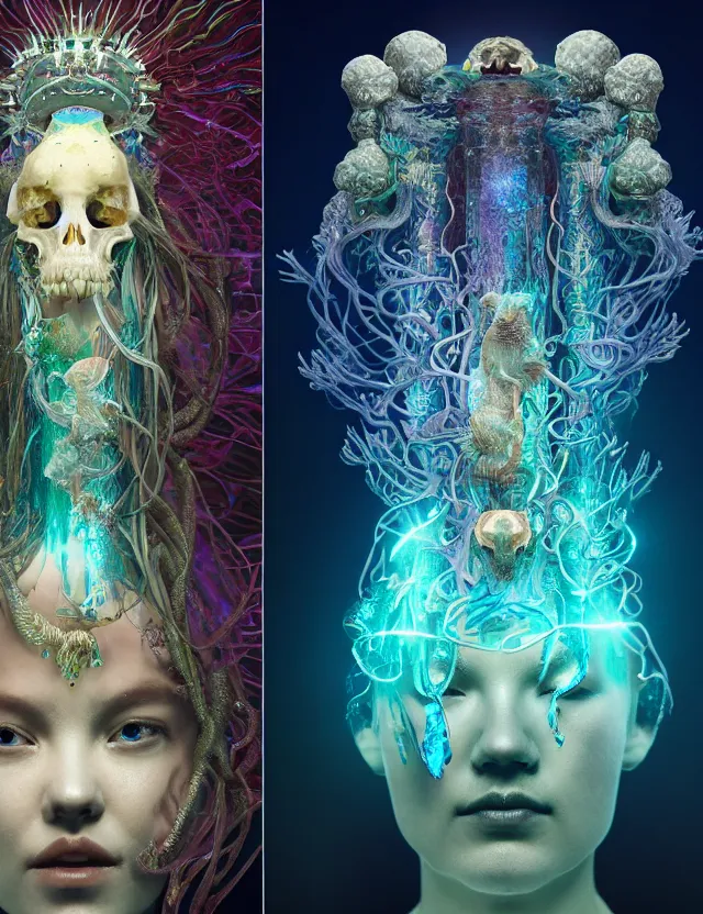 Image similar to goddess macro shouler portrait from bottom to top in crown made of ram skull. betta fish, jellyfish phoenix, bioluminiscent, plasma, ice, water, wind, creature, super intricate ornaments artwork by tooth wu and wlop and beeple and greg rutkowski and alexander fedosav