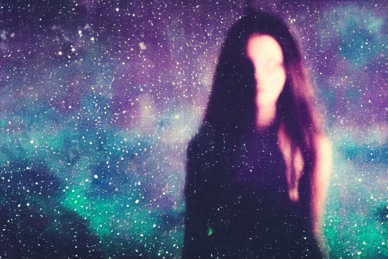 Image similar to blured girl on night vision, focused background galaxy, polaroid photo