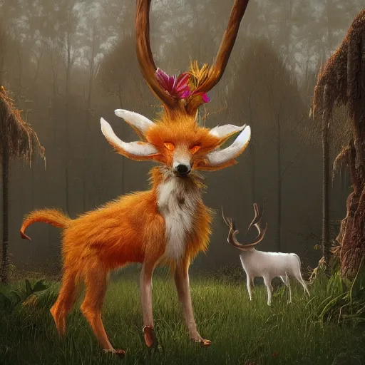 Image similar to Shamanpunk Fox Faun Portrait furry ears snout collar neck paws Antlers wearing a silken leotard ASPCA National Geographic Wikipedia Demiurge pet adoption quill splatterpaint 4k artstation unreal engine render simon stalenhag robert rauschenberg giorgio de chirico greg rutkowski