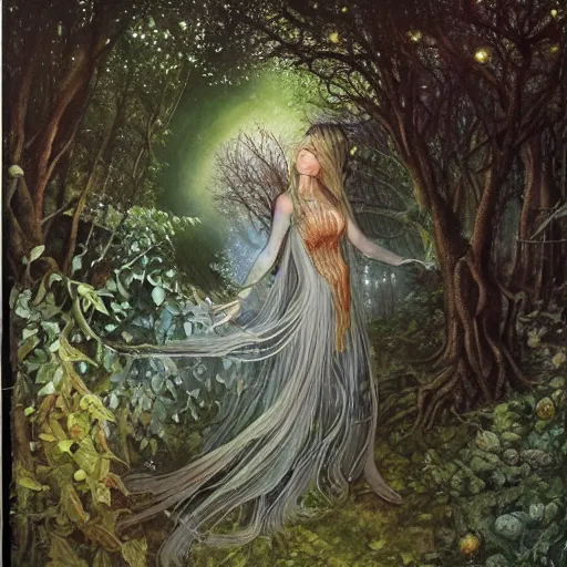 Image similar to fey queen of the summer forest, dress of leaves, fine features, thin, young, silver shimmering hair, by brian froud, dusk scene, night colors, oil on canvas, oil panting