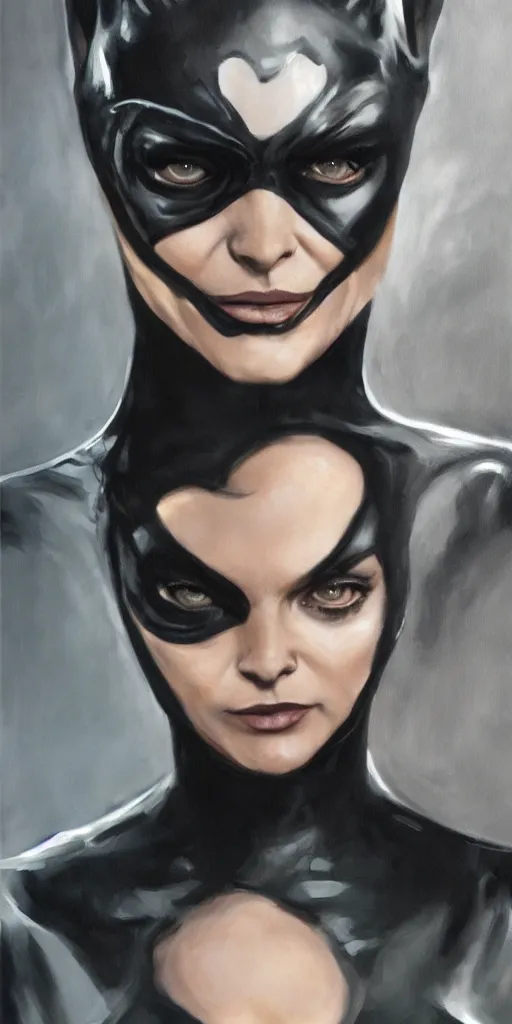 Image similar to full figure hyper realistic painting of young michelle pfeiffer as catwoman, hyper detailed, by clay mann, ayami kojima and greg rutkowski, trending on artstation, 3 light sources, rule of thirds, dutch angle