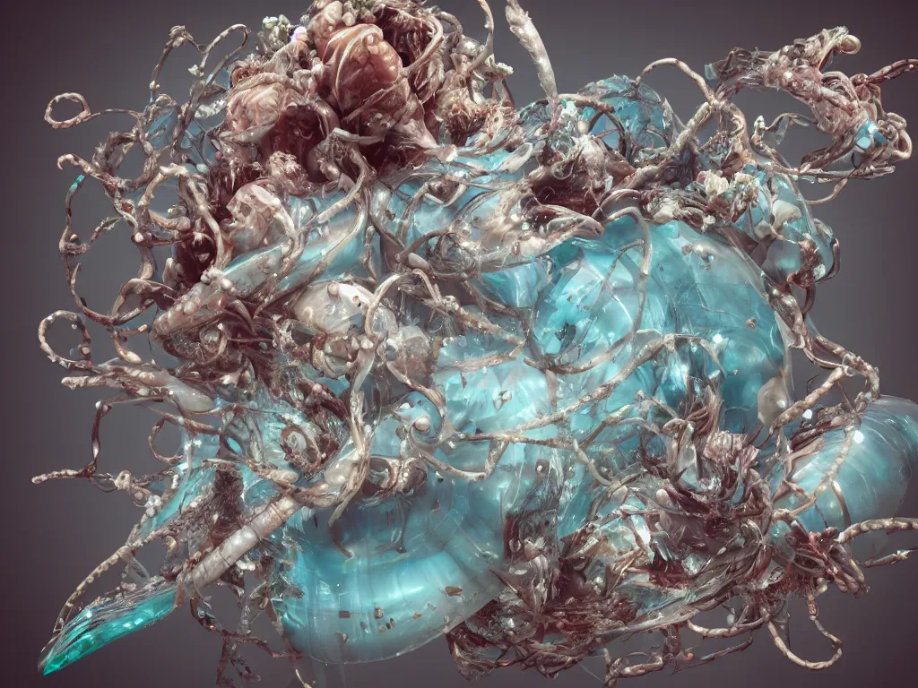 Image similar to a sculpture of ocean shark intertwined, a lovely cornucopia of flowers and human body parts, jellyfish, highly detailed, octane render, cinematic, shock, sharp focus, super resolution