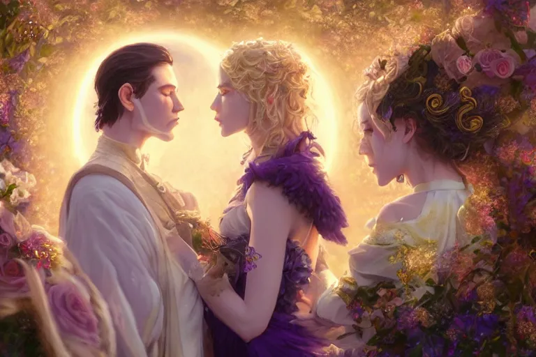 Image similar to a dreamlike cinematic portrait of wedding photograph close up moment of a divine a russia sun god and moon goddess lovers magician at a wedding banquet. portraiture. digital painting. artstation. concept art. fantasy wedding photo. digital painting, 8 k realistic, hyper detailed, violet evergarden art masterpiece by art by krenz cushart