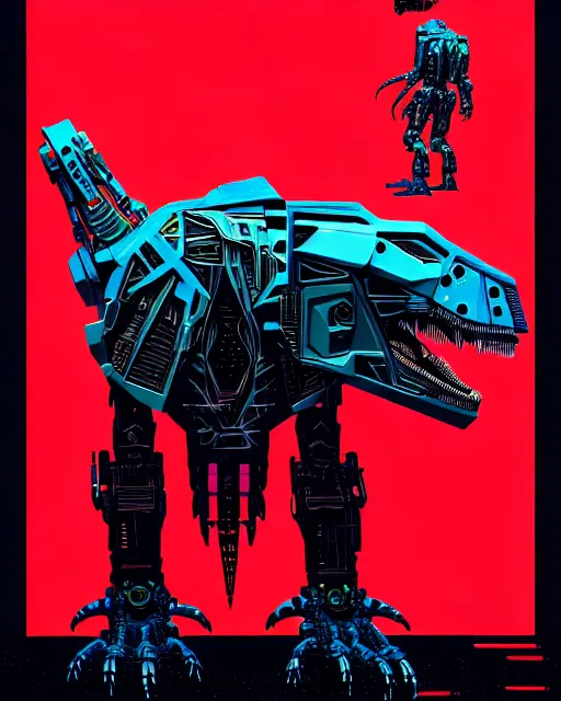 Image similar to a cyberpunk mech cyborg t - rex dinosaur, transformer, high details, symmetry, bold line art, by vincent di fate and joe fenton, inking, etching, screen print, masterpiece, trending on artstation, sharp, high contrast, hyper - detailed,, hd, 4 k, 8 k