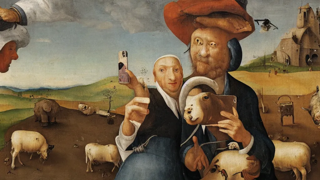 Image similar to A butcher and sheep taking a selfie smiling, in the fashion of Hieronymus Bosch, oil on canvas, painting, 4k, wide shot