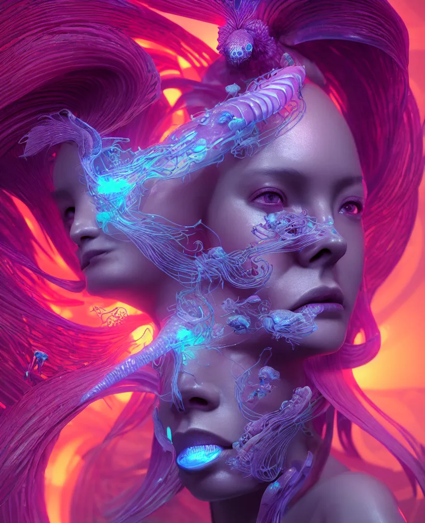 Image similar to goddess close-up portrait. orchid jellyfish phoenix head, nautilus, skull, betta fish, bioluminiscent creatures, intricate artwork by Tooth Wu and wlop and beeple. octane render, trending on artstation, greg rutkowski very coherent symmetrical artwork. cinematic, hyper realism, high detail, octane render, 8k