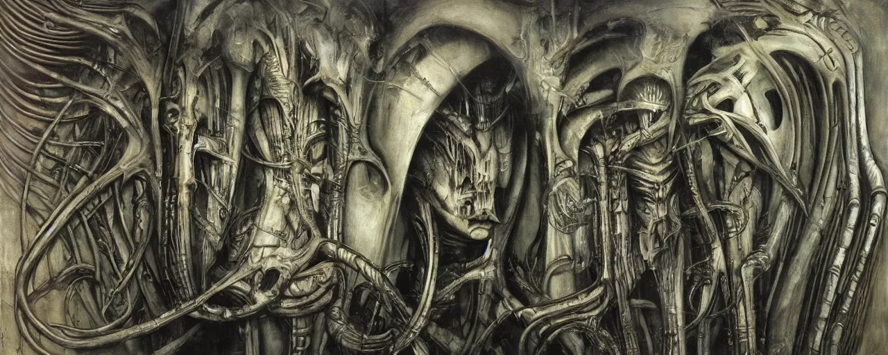 Prompt: painting _ by _ h. _ r. _ giger, the mysterious realm of magic, dark _ undertones
