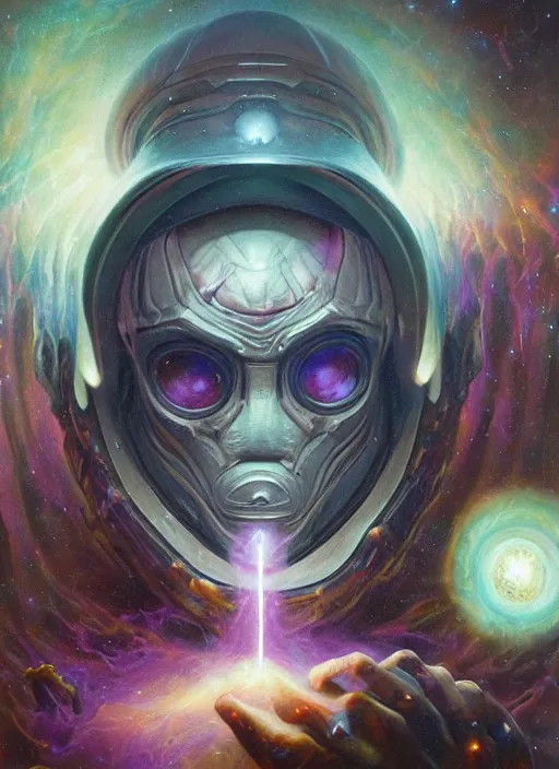 Image similar to dark horror cosmic crystal nebula mf doom glowing bright eyes, platinum skin, centered, digital painting, artstation, concept art, smooth, sharp focus, illustration, artgerm, tomasz alen kopera, peter mohrbacher, donato giancola, joseph christian leyendecker, wlop, frank frazetta