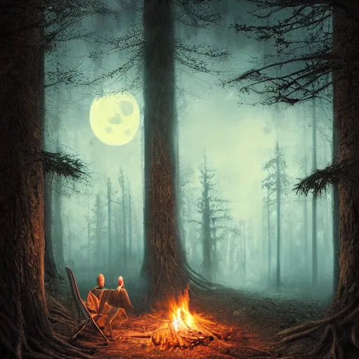 Prompt: a hyper realistic digital painting of a haunted forest with a campfire, a knight is sitting by thatcampfire, full of details, intricate, night time, volumetric light, full moon, moonglow, dark fantasy, horror, in the style of greg rutkowski