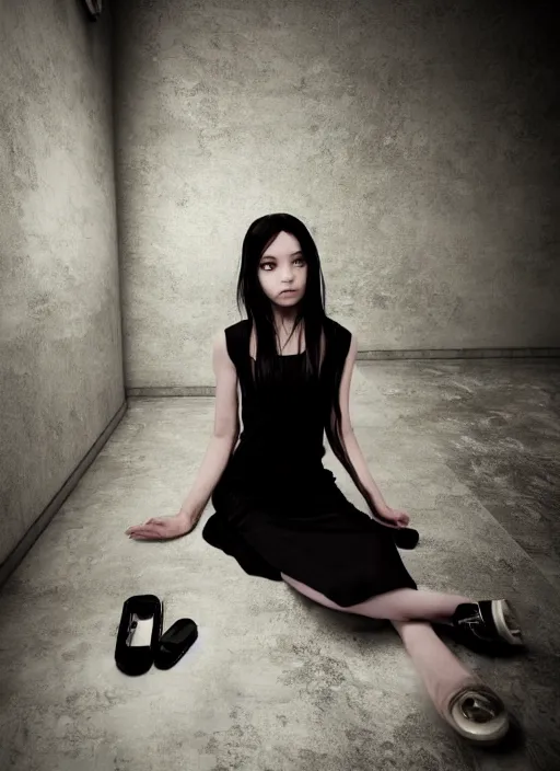 Image similar to a 1 4 year old girl eveline from resident evil 7 with straight long black hair wearing black dress that sitting on bathroom floor, photo for vogue, model エリサヘス s from acquamodels, render in re engine