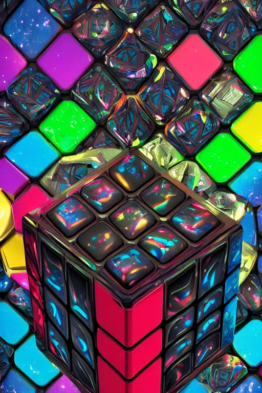 Image similar to four dimensional cosmic rubik's cube hypercube tesseract with wormholes, energy and galaxies around it. epic, dramatic, cinematic, digital art, octane render, blender, 8 k, hyperrealistic, trending on artstation