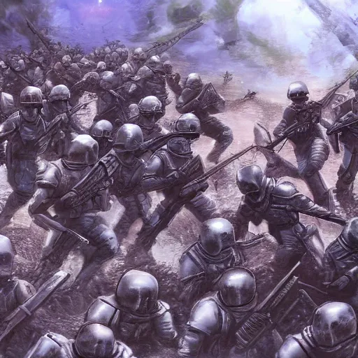 Image similar to Imperial Guard soldiers several people are holding the defense against a swarm of terranids, super quality,4k Artist - Phil Moss